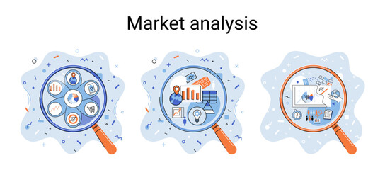 Poster - Market statistics data analysis metaphor marketing strategy development. Business research. Identify business needs determine solutions problems solving. View financial data through magnifying glass