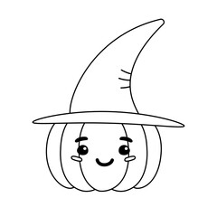 Poster - Vector flat outline Halloween pumpkin with face and witch hat isolated on white background