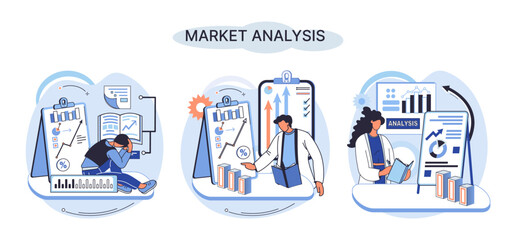 Poster - Market analysis metaphor marketing strategy development. Business research. Identify business determine solutions business problems solving. Marketer analyzes sales plan, doing an advertising campaign