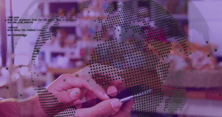 Poster - Image of data processing with globe over caucasian man using smartphone