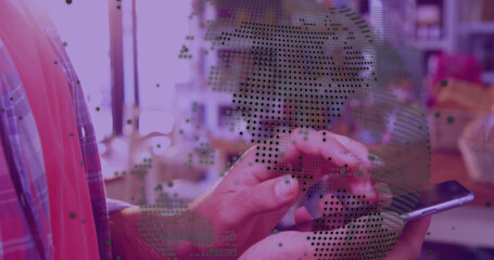 Poster - Image of data processing with globe over caucasian man using smartphone