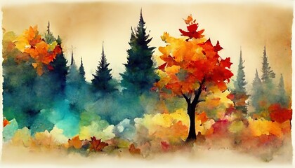 Artistic Autumn forest landscape. Colorful watercolor painting of fall season. Red and yellow trees. Vintage pastel colors.