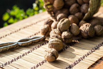 Wall Mural - Walnuts heap background. Walnuts in the wicker basket