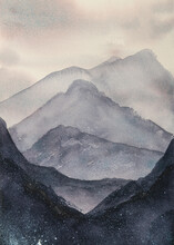 Watercolor Illustration Painting Clouds In The Mountains Foggy Neutral Tones Handmade Timeless Ethereal Dreamy Layers
