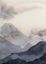 Watercolor Illustration Painting Clouds In The Mountains Foggy Neutral Tones Handmade Timeless Ethereal Dreamy Layers