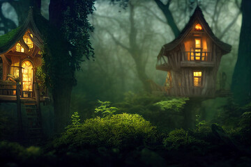 deep in a distant, hidden, mysterious forest sits an enchanting fairy tree home inside an old white 