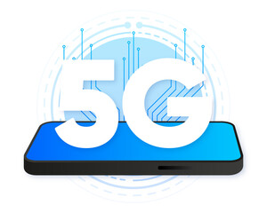 Poster - 5g logo on blue screen phone. Network technology icon. Vector illustration.
