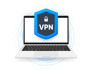 Poster - VPN service. Laptop with secure VPN connection concept. Cyber security, secure web traffic, data protection. Vector illustration.
