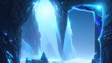 Fantasy Fantastic Futuristic Ice Frozen Magic Portal, Blue Neon, Snow, Ice, Winter. 3D Illustration
