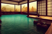 Japanese Landscape Spa. Japanese Hot Springs, Ancient Architecture. 3D Illustration.  3d Rendering.