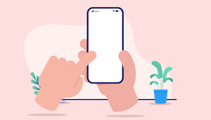 Leinwandbilder - Phone in hand vector template - Smartphone with empty screen and finger interacting. Flat design vector illustration