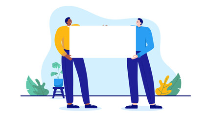Poster - Businesspeople holding blank sign - Two people holding white empty poster banner in hands. Flat design cartoon vector illustration with white background