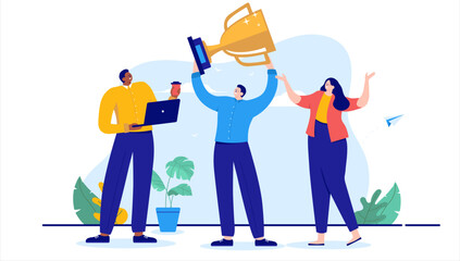 Aufkleber - Winning people with trophy - Team of three businesspeople cheering and smiling after great achievement. Flat design cartoon vector illustration with white background