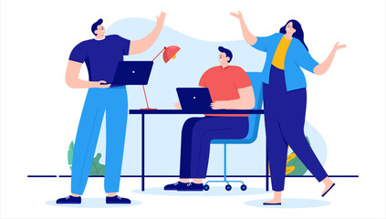 Poster - casual teamwork - team of three people working together with computers, smiling and having fun. flat