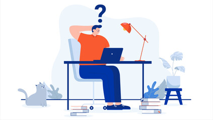 Poster - Computer work problem - Person sitting at desk with laptop having trouble, scratching head with question mark. Flat design vector illustration with white background