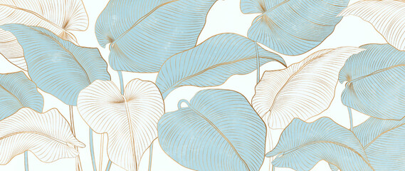 Wall Mural - Abstract luxury art background with tropical leaves in line art style. Botanical banner for decoration, print, textile, packaging, wallpaper, invitations.