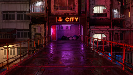 bridge in a futuristic dystopian city on a wet night. cyberpunk concept 3d rendering.