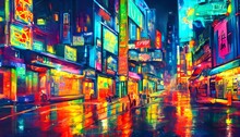 I'm Standing On The Sidewalk, Looking Down The City Street. It's Night Time, But The Street Is Brightly Lit Up By Colorful Neon Lights From All The Signs And Buildings.