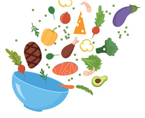 Healthy food in bowl. Natural and organic products, fresh vegetables. Salad, proper nutrition and diet. Healthy food with vitamins. Meat, avocado and broccoli. Cartoon flat vector illustration