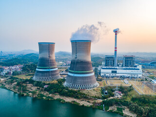 At dusk, the thermal power plants  , Cooling tower of nuclear power plant Dukovany