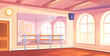 Ballet studio interior. Beautiful background with room for dance lessons. School for ballerinas with mirror, tape recorder and handrail. Design element for print. Cartoon flat vector illustration