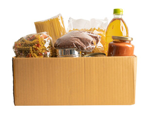 Wall Mural - Foodstuff for donation, storage and delivery. Various food, pasta, cooking oil and canned food in cardboard box.