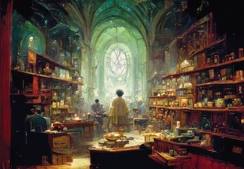 Wall Mural - alchemist office with laboratory fixtures, office room in an palace, digital art