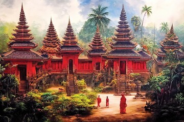 Canvas Print - Balinese temple, culture and architecture, fantasy landscape, digital art