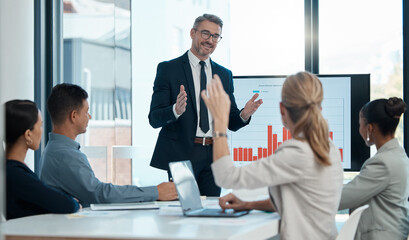 Poster - Business people presentation, question feedback and planning ideas, company discussion and meeting collaboration in modern office. Corporate manager coaching executive team in kpi sales data workshop
