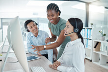 Call Center, Customer Service Worker And Teamwork Or Training And Coaching With Manager On Client Call. Diversity, Headset And Computer To Work, Consulting And Telemarketing, Leadership And Support