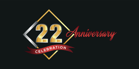 22nd anniversary logo with golden and silver box, confetti and red ribbon isolated on elegant black background, vector design for greeting card and invitation card
