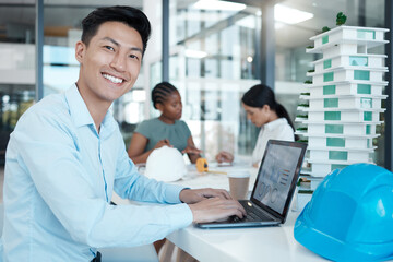 Poster - Architecture, laptop and portrait of businessman in office and working on engineering, design and construction planning. Innovation, creative and project management with asian employee with portfolio
