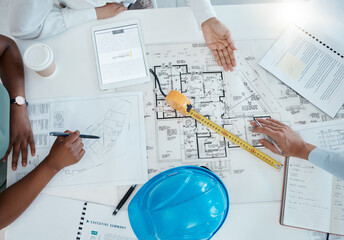 Poster - Architecture hands, blueprint design and property planning, engineering model and construction company. Above creative team, building floor plan sketch and drawing development for industrial project