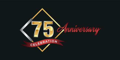 75th anniversary logo with golden and silver box, confetti and red ribbon isolated on elegant black background, vector design for greeting card and invitation card
