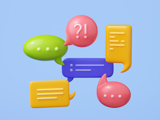 Poster - 3D render set of colorful chat message bubbles isolated on blue background. Collection of round, oval and rectangular speech clouds. Modern communication technology. Mobile or web app design element
