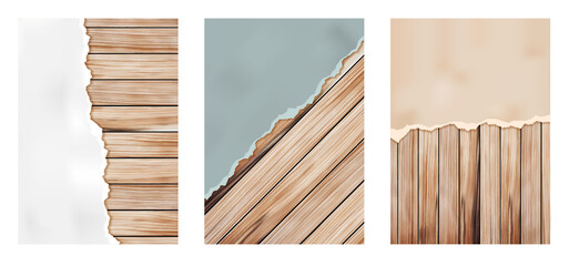 Poster - Ripped paper strips on wooden wall design in A4 size, isolated on white background