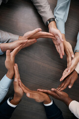 Poster - Hands, teamwork and synergy with business people in a circle or huddle as a team on a wooden table in the office. Collaboration, motivation and goal with an employee group working together on success