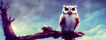 A Cute Owl Perched On A Tree Branch Against The Winter Sky. Digital Illustration.
