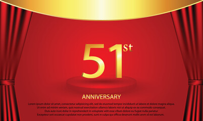 51st Anniversary celebration. 51 year Anniversary Celebration with red background. Podium anniversary. Curtain stage anniversary. Gold luxury banner celebration.