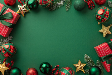 christmas concept. top view photo of gift boxes with ribbon bows green red baubles gold star ornamen