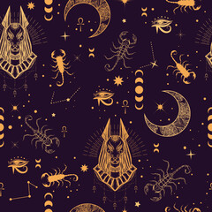 Wall Mural - Seamless pattern of egyptian god Anubis with scorpion, moon and constellation. Alchemy and astrology vibes.