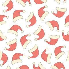 Wall Mural - Seamless pattern with Santa Claus hat on a white background. Christmas design in style retro 70s, 80s. Vector illustration