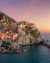 View of Manarola, a small town along the Cinque Terre coastline, Liguria, Italy.