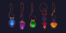 Set Of Magic Amulets On Necklace Isolated On Dark Background. Cartoon Vector Illustration Of Mysterious Gemstone Pendants Of Different Shape. Witch Or Wizard Vintage Accessory. Game Props Design