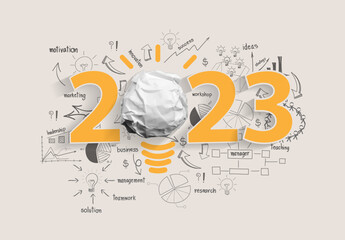 Wall Mural - Vector creativity inspiration 2023 new year with crumpled paper ball light bulb ideas concept design, With drawing charts and graphs business success strategy plan