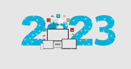 2023 new year Business technology  social network ideas concept with set of monitor, laptop, tablet, smartphone, Vector illustration modern design layout template