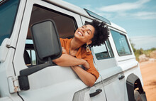 Relax Black Woman On Road Trip, Happy With View Of Desert And Transport In Jeep Or Car On Holiday In Cairo. Travel Adventure Drive, Smile In Summer Vacation And Explore Freedom Of Nature In The Sun