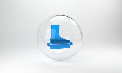 Blue Flat foot icon isolated on grey background. Glass circle button. 3D render illustration