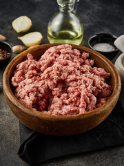 Wall Mural - Raw minced pork. Raw minced meat in bowl. Fresh pork minced meat.