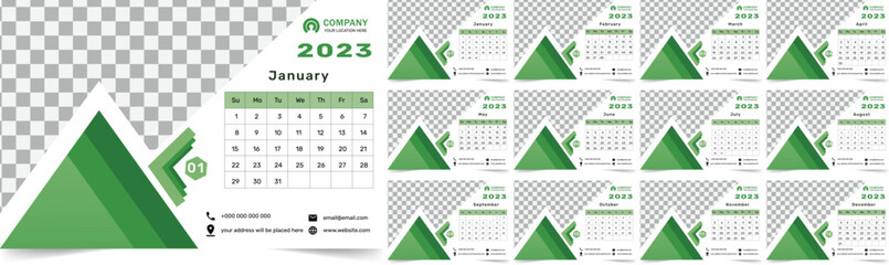 2023 New year desk calendar template with a creative and minimal design layout for print. Stylish and elegant looking. The week starts on Sunday, Editable 12-month pages set